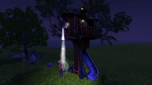 從樹屋上倒下水來。